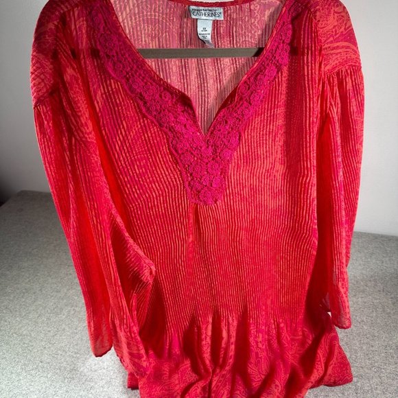 Maggie Barnes Catherines 3X Womens Top Blouse Pink Orange Lightweight Crinkle - Picture 2 of 14